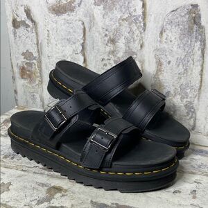 Dr. Martens Black Leather Double Strap Platform Sandals with Yellow Stitching